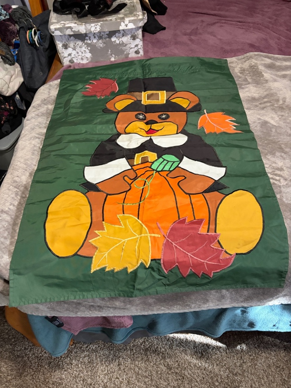 Autumn Bear & Pumpkin Garden Flag - Green Background